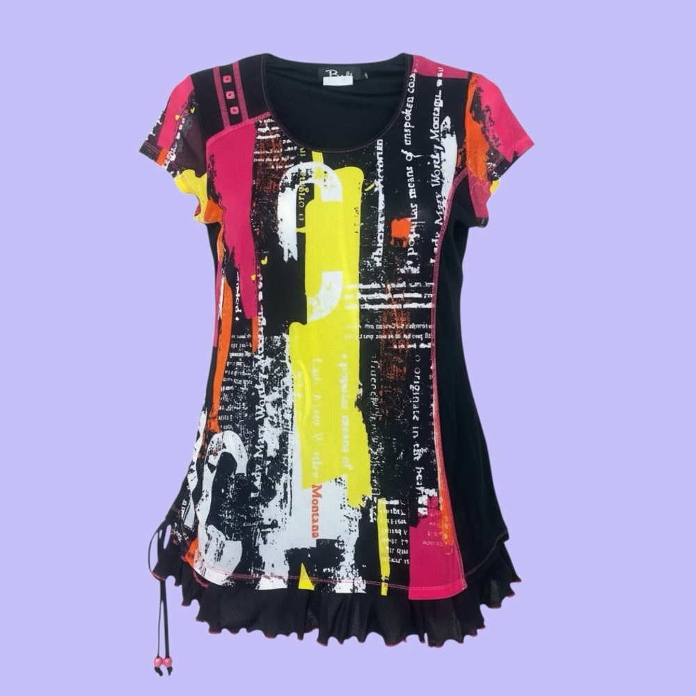1990s Bali Grunge Neon Abstract Graphic Ruched Top with Ruffles - Picture 2 of 7